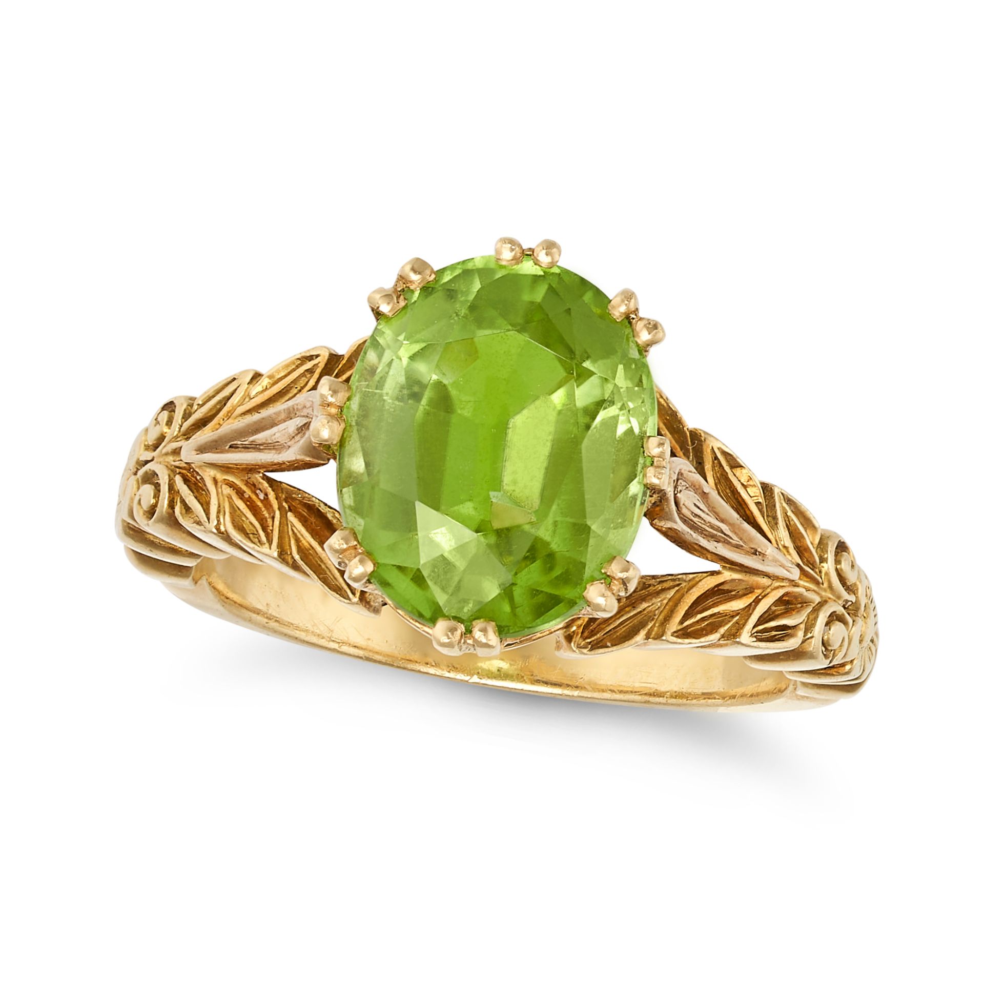 A PERIDOT DRESS RING in 18ct yellow gold, set with an oval cut peridot of approximately 2.70 cara...