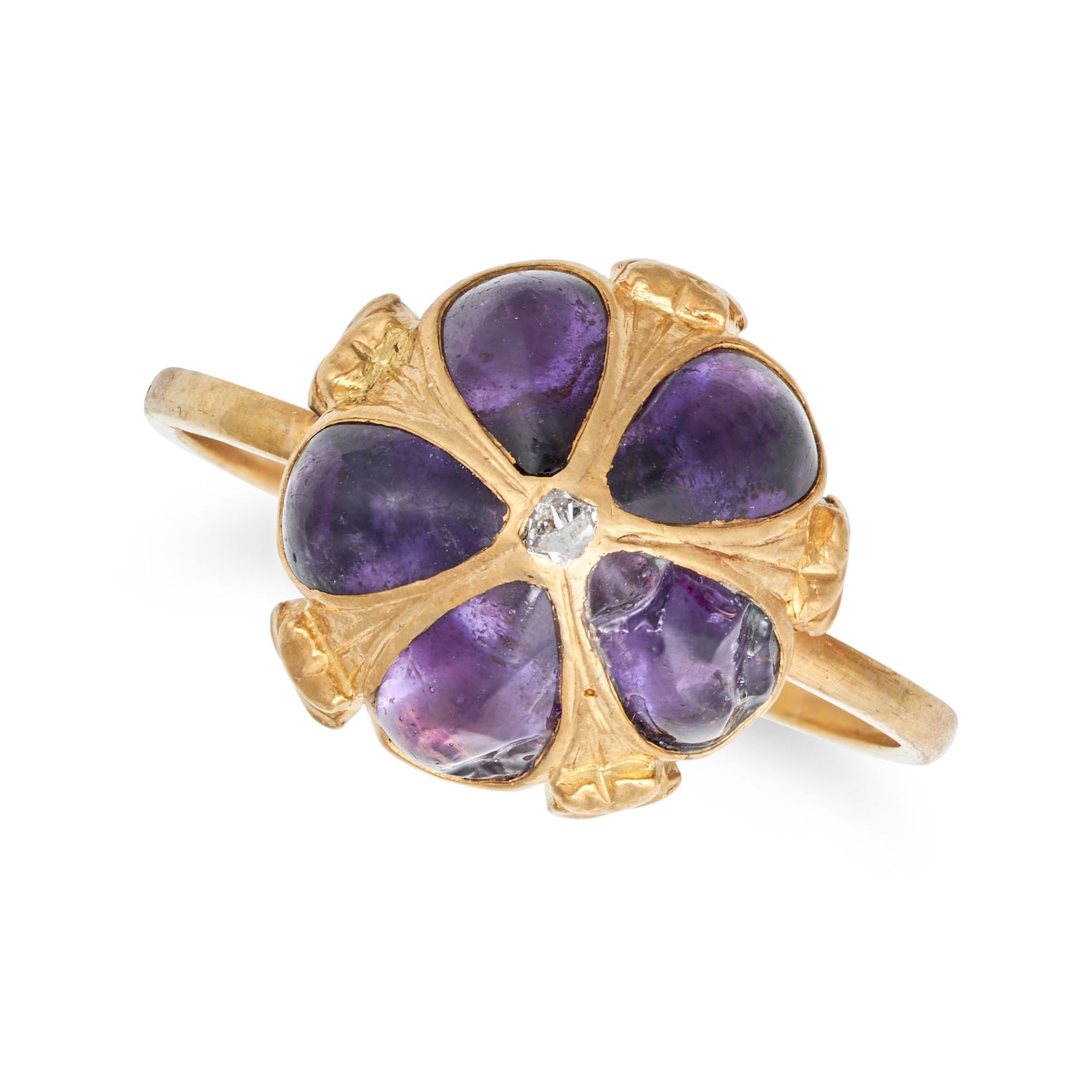 NO RESERVE - AN AMETHYST AND DIAMOND RING in yellow gold, set with a rose cut diamond in a cluste...