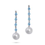 A PAIR OF PEARL, BLUE TOPAZ AND DIAMOND DROP EARRINGS in 18ct white gold, comprising a row of alt...