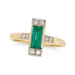 AN EMERALD AND DIAMOND DRESS RING in 18ct yellow and white gold, set with a rectangular step cut ...