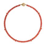 A CORAL BEAD NECKLACE in 18ct yellow gold, comprising a row of polished coral beads, the clasp ac...