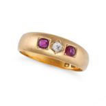 NO RESERVE - AN ANTIQUE RUBY AND DIAMOND GYPSY RING in 18ct yellow gold, set with an old cut diam...