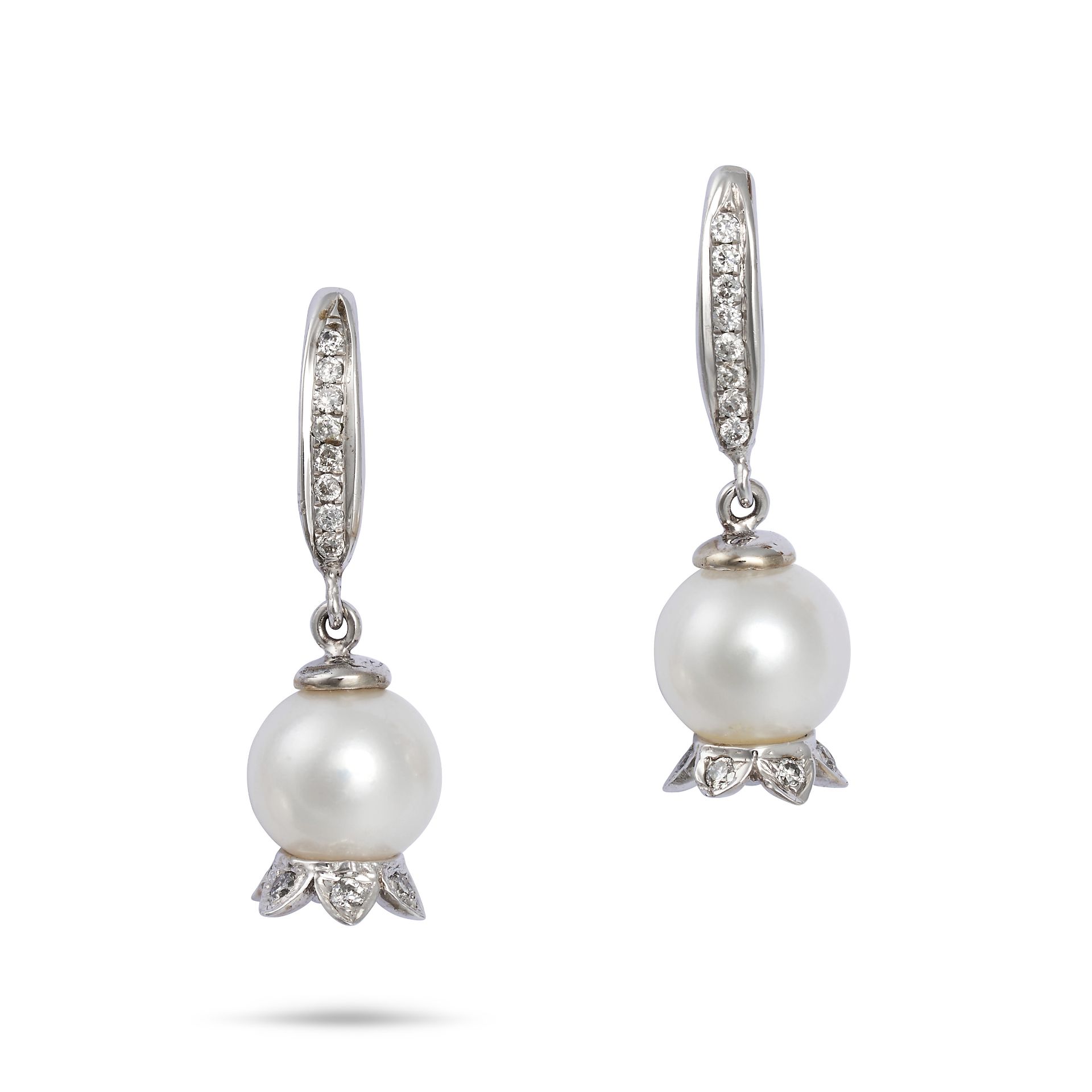 A PAIR OF PEARL AND DIAMOND LILY OF THE VALLEY DROP EARRINGS in 9ct white gold, each comprising a...