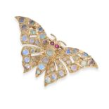 NO RESERVE - AN OPAL AND RUBY BUTTERFLY BROOCH in 9ct yellow gold, set throughout with cabochon o...