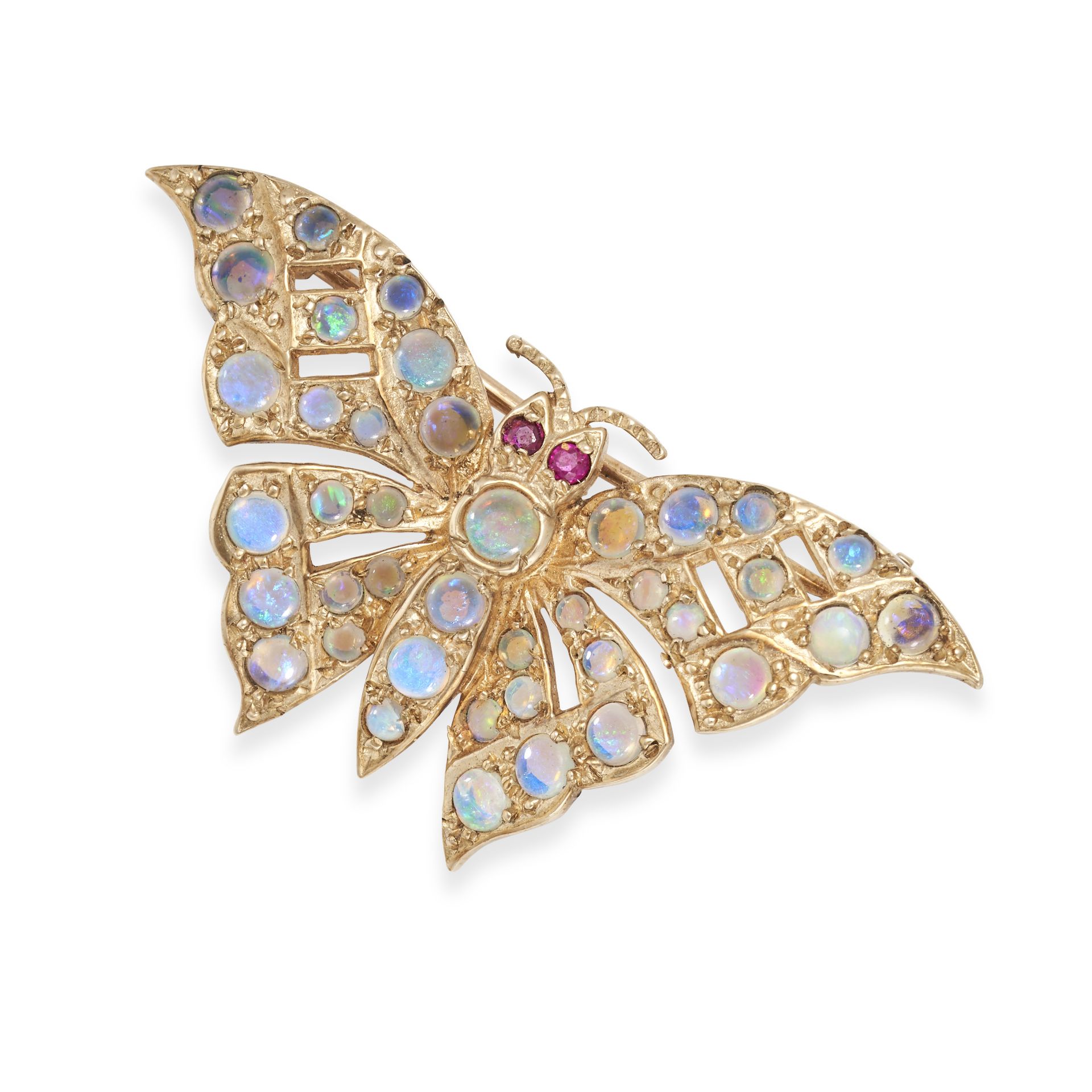 NO RESERVE - AN OPAL AND RUBY BUTTERFLY BROOCH in 9ct yellow gold, set throughout with cabochon o...