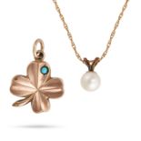 NO RESERVE - A TURQUOISE CLOVER PENDANT AND PEARL PENDANT NECKLACE the clover pendant in 9ct rose...