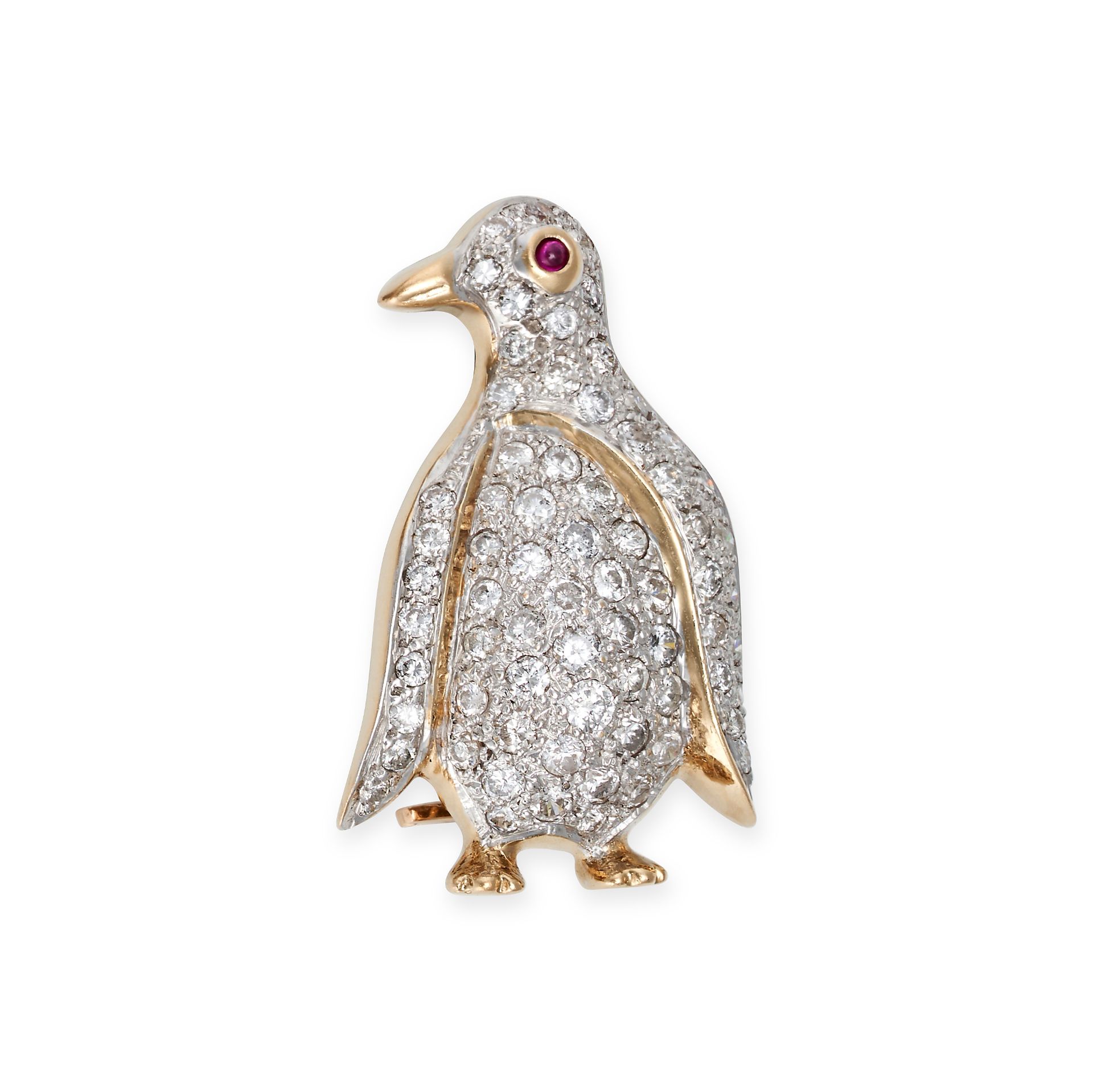 NO RESERVE - A RUBY AND DIAMOND PENGUIN BROOCH in 14ct yellow and white gold, designed as a pengu...