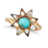 A TURQUOISE AND DIAMOND FLOWER RING in 18ct yellow gold, set with a round cabochon turquoise in a...