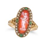 NO RESERVE - AN ANTIQUE CARNELIAN CAMEO, EMERALD AND PEARL RING in yellow gold, set with an oval ...