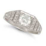 A DIAMOND RING set with a round brilliant cut diamond of approximately 0.40 carats, the stepped s...