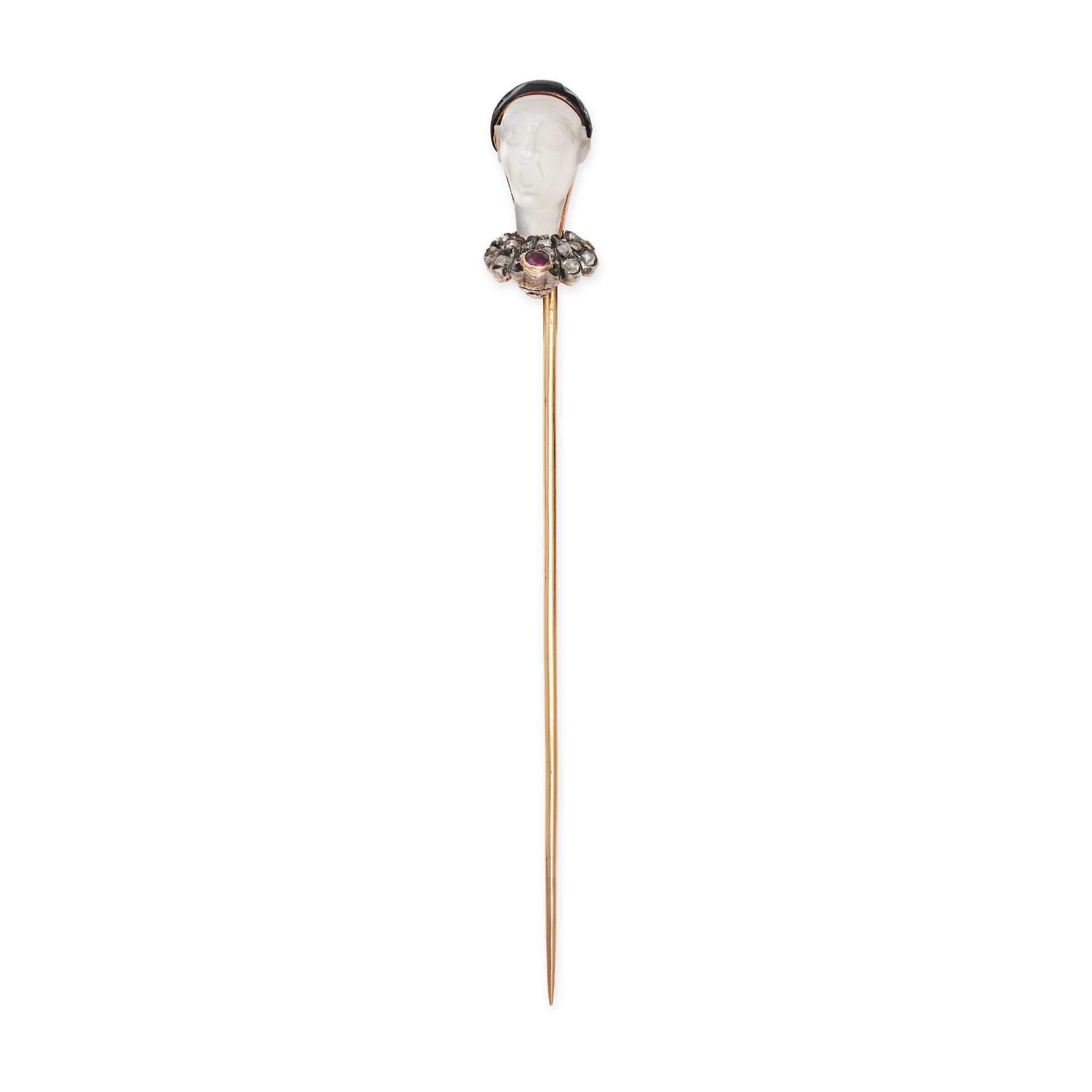 A FRENCH MOONSTONE, RUBY, DIAMOND AND ENAMEL STICK PIN in 18ct yellow gold, set with a moonstone ...