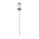 A FRENCH MOONSTONE, RUBY, DIAMOND AND ENAMEL STICK PIN in 18ct yellow gold, set with a moonstone ...