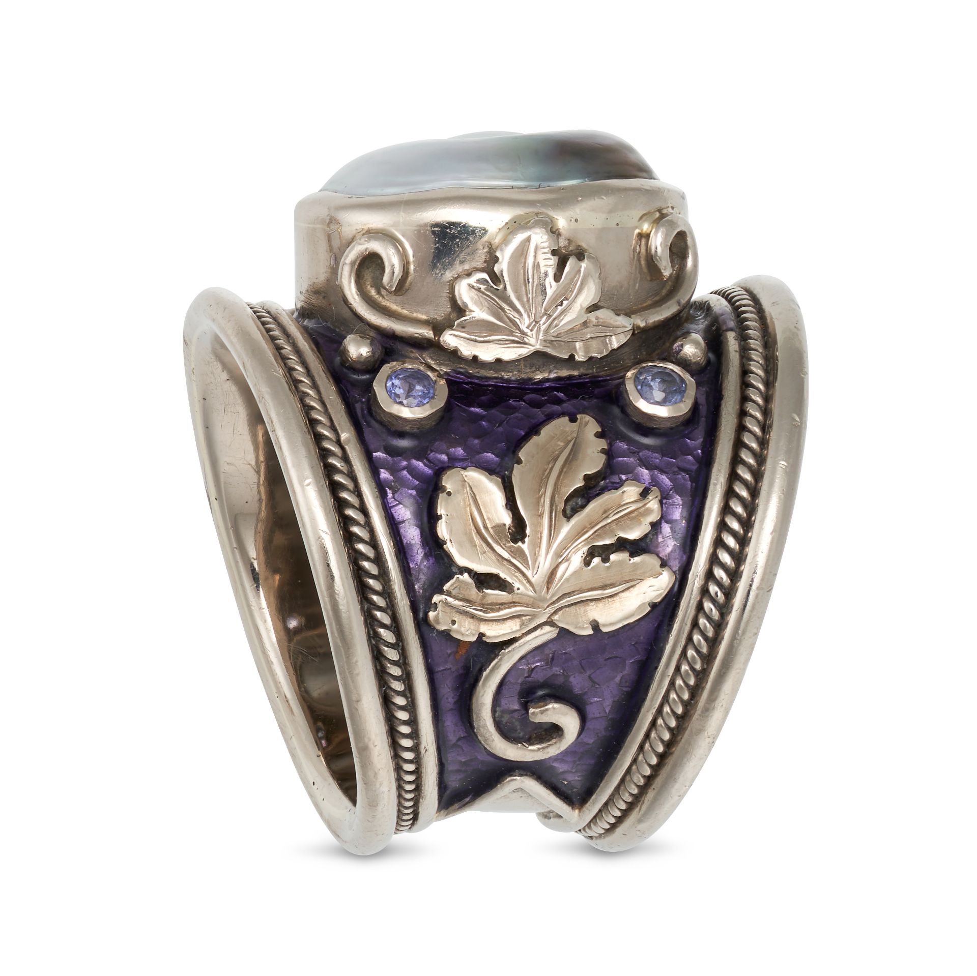 ELIZABETH GAGE, A KESHI PEARL, TANZANITE AND ENAMEL TEMPLAR RING in 18ct white gold, set with a k... - Image 5 of 5