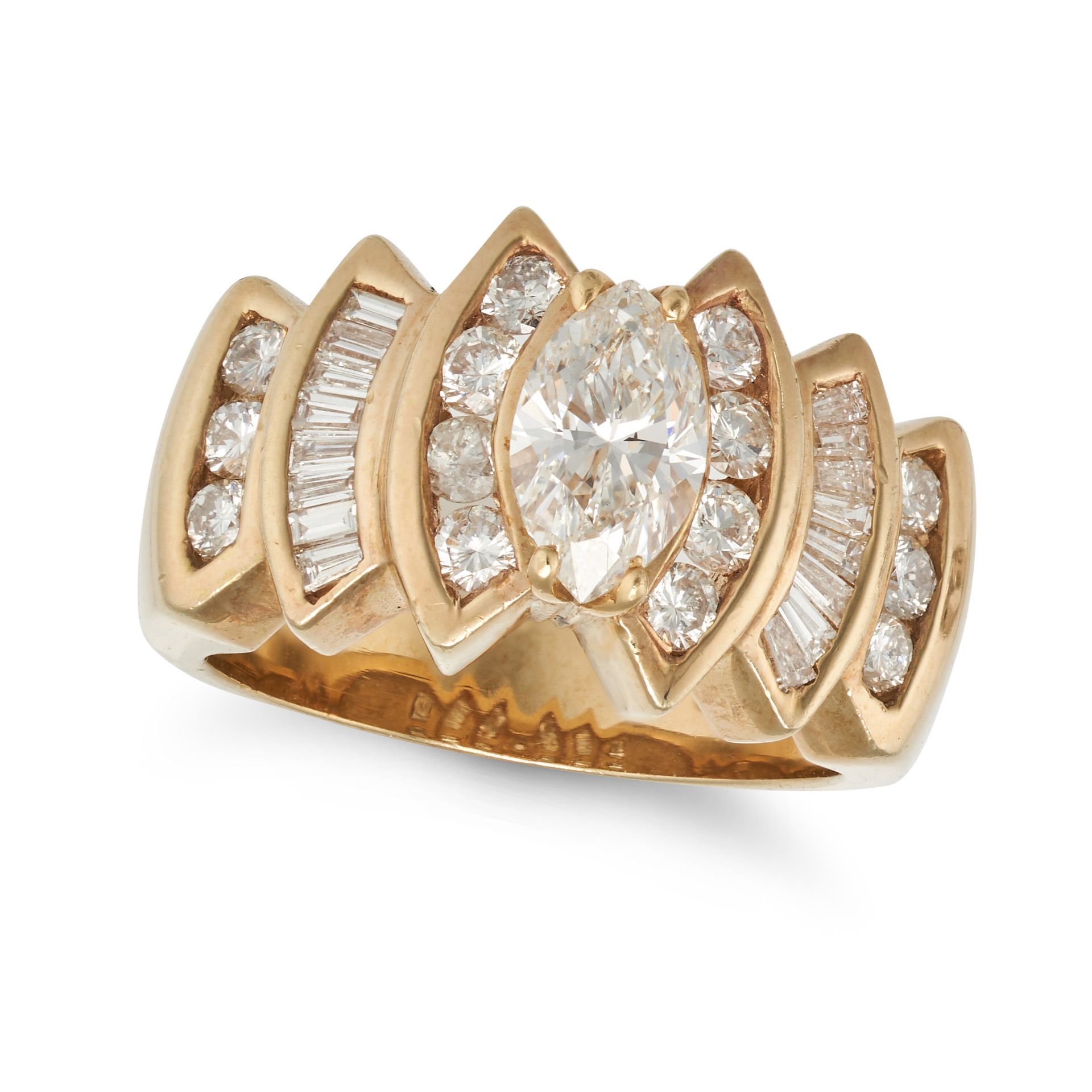 A DIAMOND DRESS RING in 14ct yellow gold, set to the centre with a marquise cut diamond of 0.85 c...