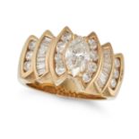 A DIAMOND DRESS RING in 14ct yellow gold, set to the centre with a marquise cut diamond of 0.85 c...