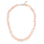 A PINK CORAL AND DIAMOND NECKLACE in 18ct white gold, comprising a row of graduated pink coral be...