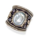 ELIZABETH GAGE, A KESHI PEARL, TANZANITE AND ENAMEL TEMPLAR RING in 18ct white gold, set with a k...