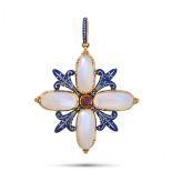 GIULIANO, AN ANTIQUE ENAMEL, GARNET AND MOONSTONE CROSS PENDANT in 18ct yellow gold, set with fou...