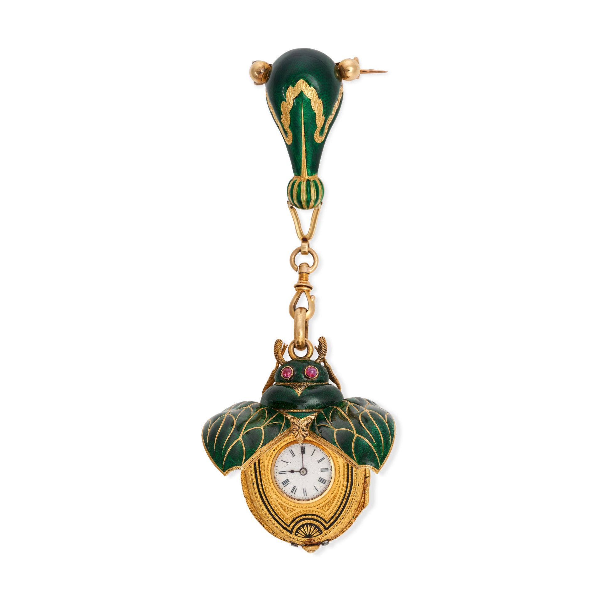 AN ANTIQUE FRENCH ENAMEL BEETLE TIMEPIECE BROOCH in 18ct yellow gold, designed as a beetle decora... - Image 2 of 4