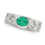 CHANEL, AN EMERALD AND DIAMOND RING in 18ct white gold, set with an oval cabochon emerald accente...