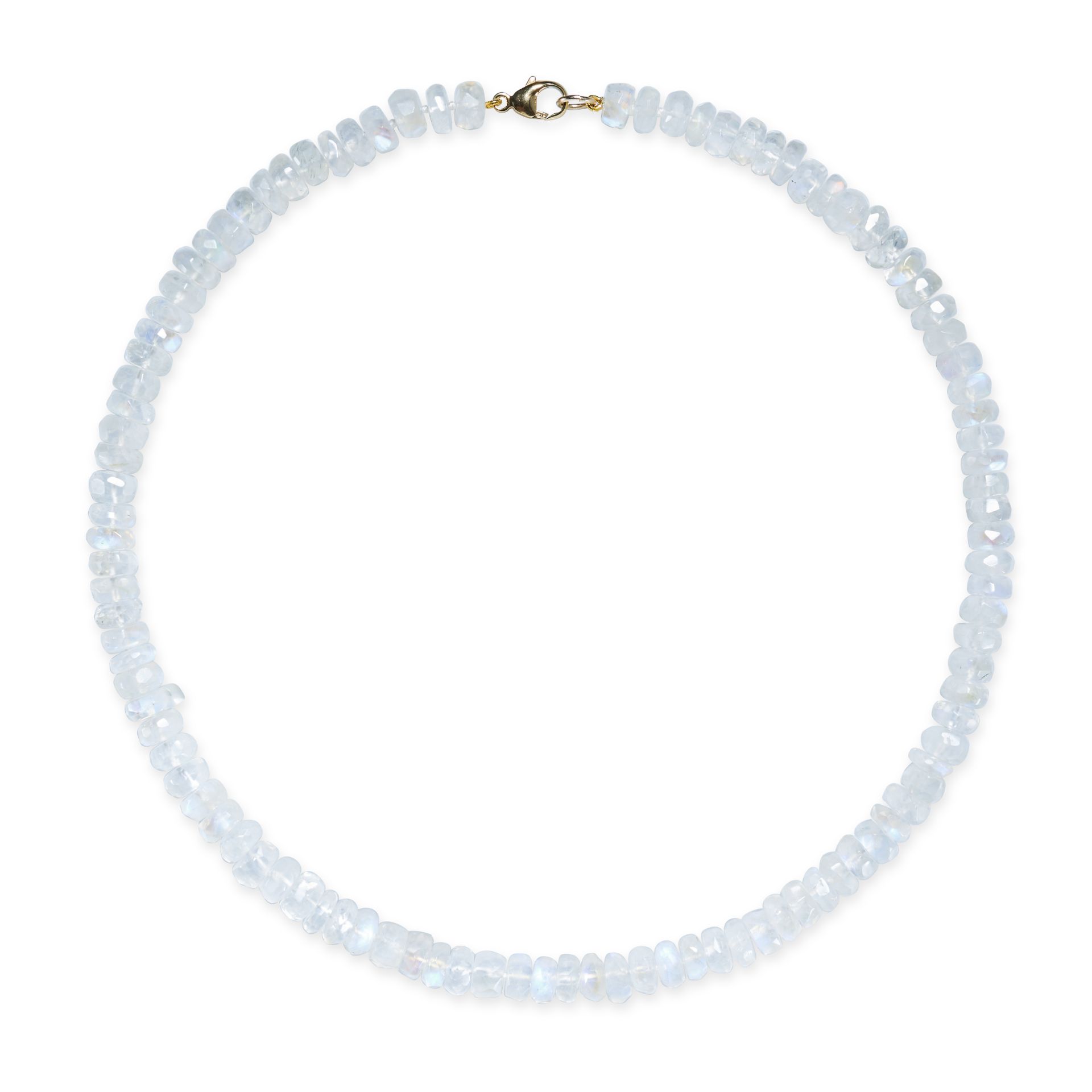 A RAINBOW MOONSTONE BEAD NECKLACE in 9ct yellow gold, comprising a row of faceted rainbow moonsto...