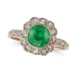 AN ANTIQUE TSAVORITE GARNET AND DIAMOND CLUSTER RING in yellow gold, set with a round cut tsavori...