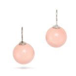 NO RESERVE - A PAIR OF PINK HARDSTONE EARRINGS in silver, each earring suspending a round polishe...