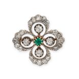 AN ANTIQUE EMERALD AND DIAMOND CLOVER BROOCH in yellow gold and silver, designed as a four leaf c...