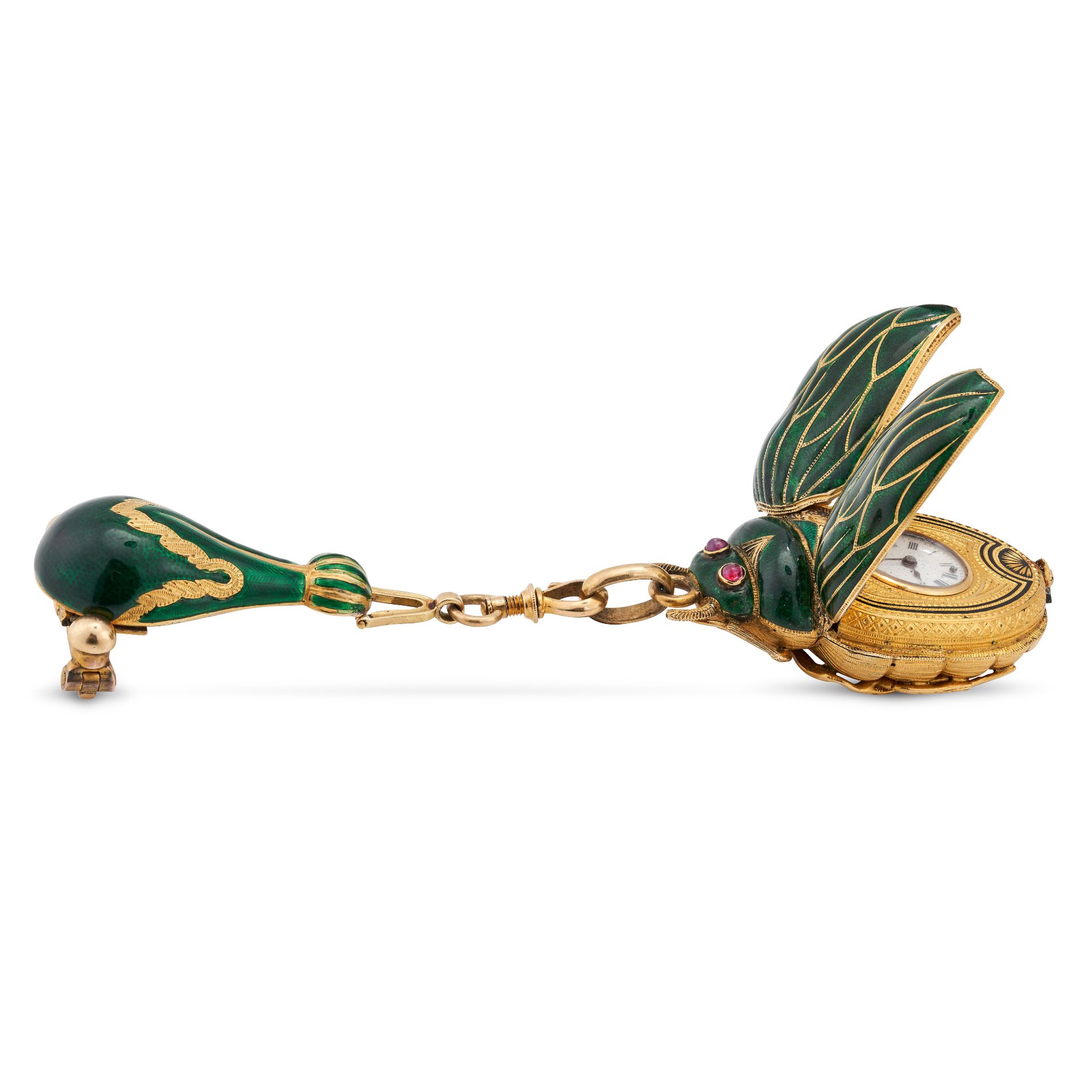 AN ANTIQUE FRENCH ENAMEL BEETLE TIMEPIECE BROOCH in 18ct yellow gold, designed as a beetle decora... - Image 3 of 4