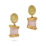 A PAIR OF PERIDOT AND ROSE QUARTZ EARRINGS in 18ct yellow gold, each set with an oval cabochon pe...