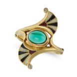 AN ANTIQUE GREEN PASTE  AND ENAMEL RING in yellow gold, set with an oval cabochon green paste acc...