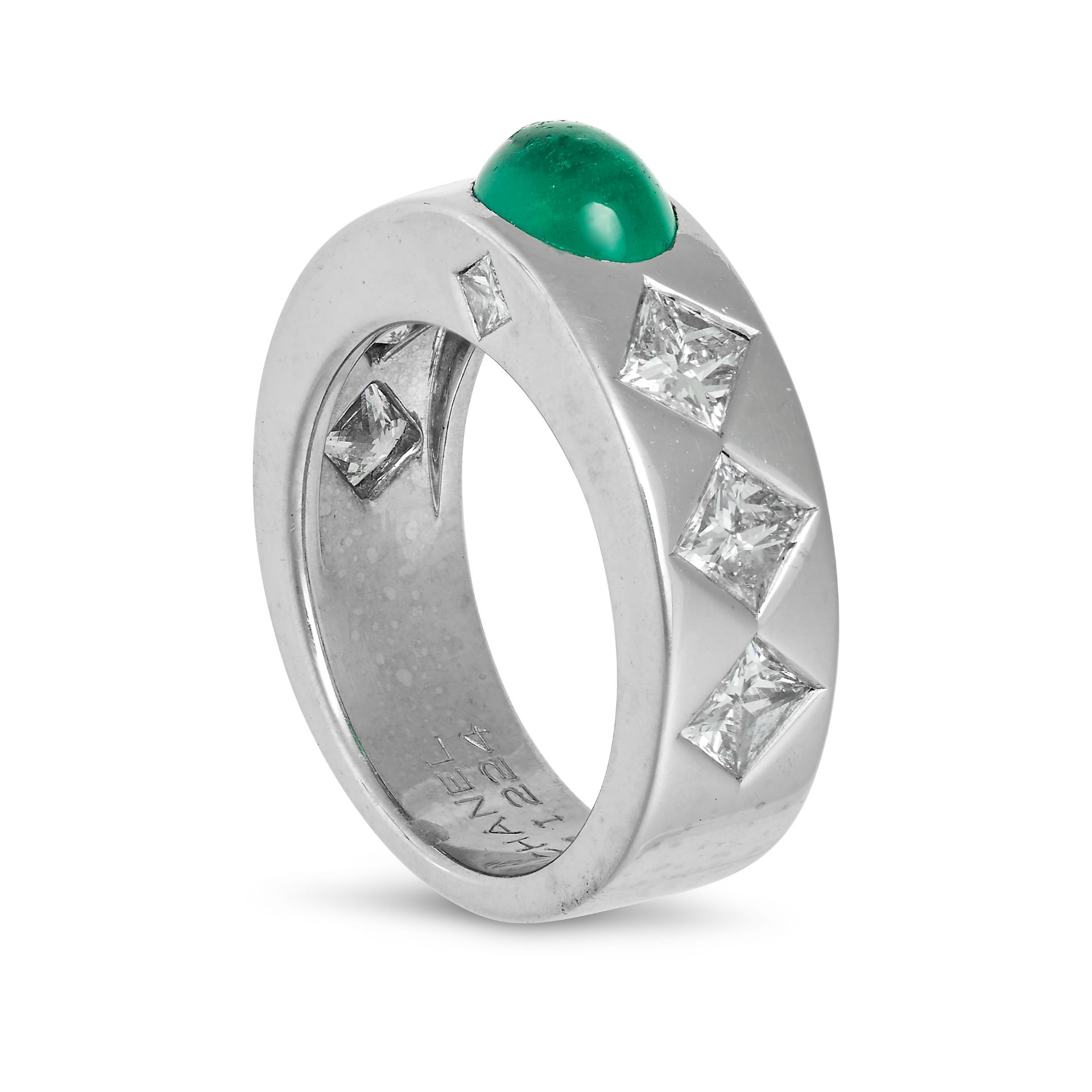 CHANEL, AN EMERALD AND DIAMOND RING in 18ct white gold, set with an oval cabochon emerald accente... - Image 2 of 2