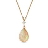 AN OPAL AND DIAMOND PENDANT NECKLACE in 18ct yellow gold, the pendant set with a princess cut dia...