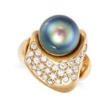 TOUSSAINT, A SOUTH SEA BLACK PEARL AND DIAMOND RING in 18ct yellow gold, set with a black pearl o...