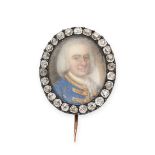 AN ANTIQUE GEORGIAN DIAMOND PORTRAIT MINIATURE BROOCH in yellow gold and silver, set with a paint...