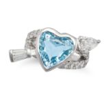 AN AQUAMARINE AND DIAMOND DRESS RING in 14ct white gold, set with a heart shaped aquamarine desig...