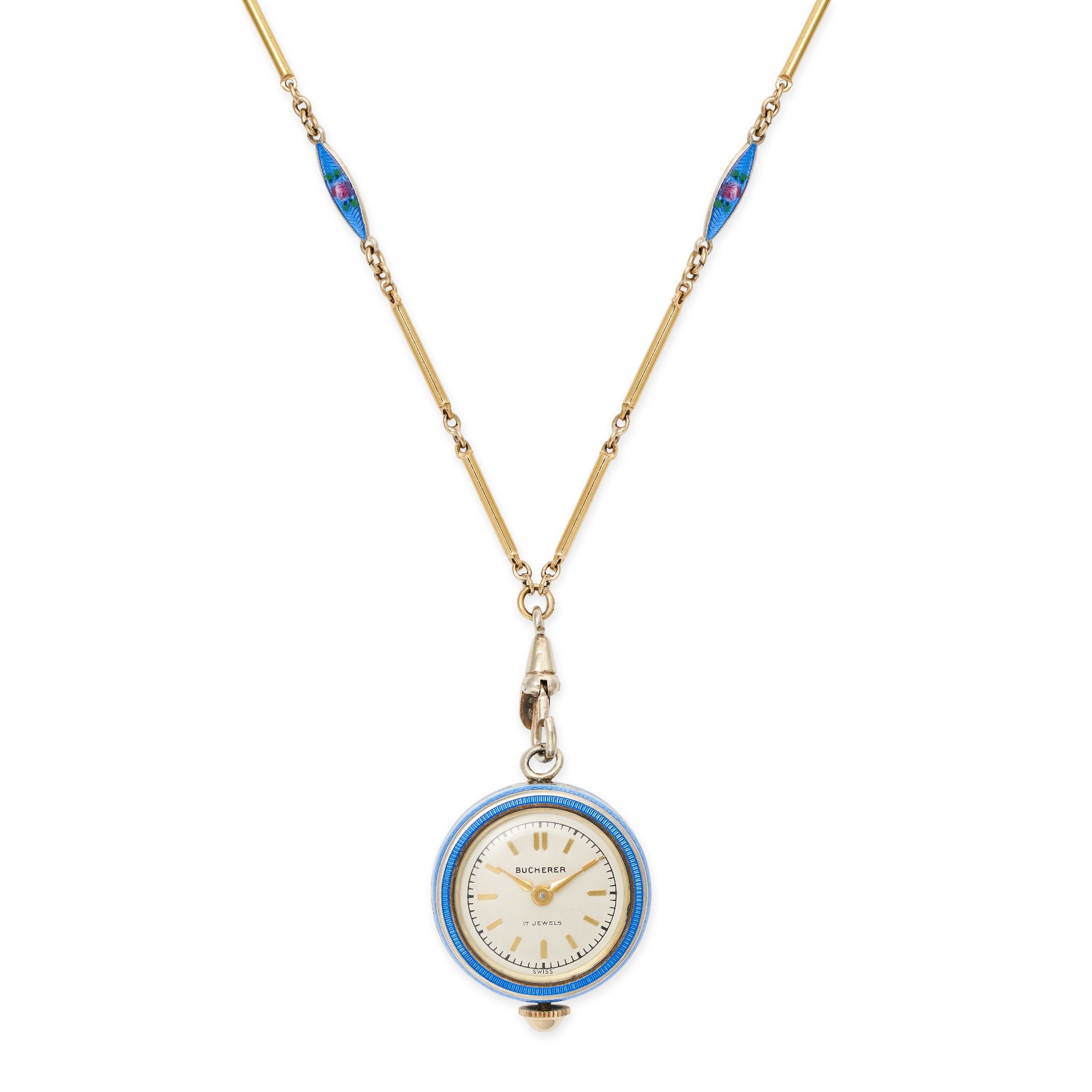 BUCHERER, AN ANTIQUE ENAMEL POCKET WATCH, CHAIN AND BROOCH in gold plated silver, the circular di...