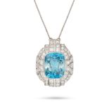 A BLUE ZIRCON AND DIAMOND PENDANT NECKLACE in platinum and 18ct white gold, set with a cushion cu...
