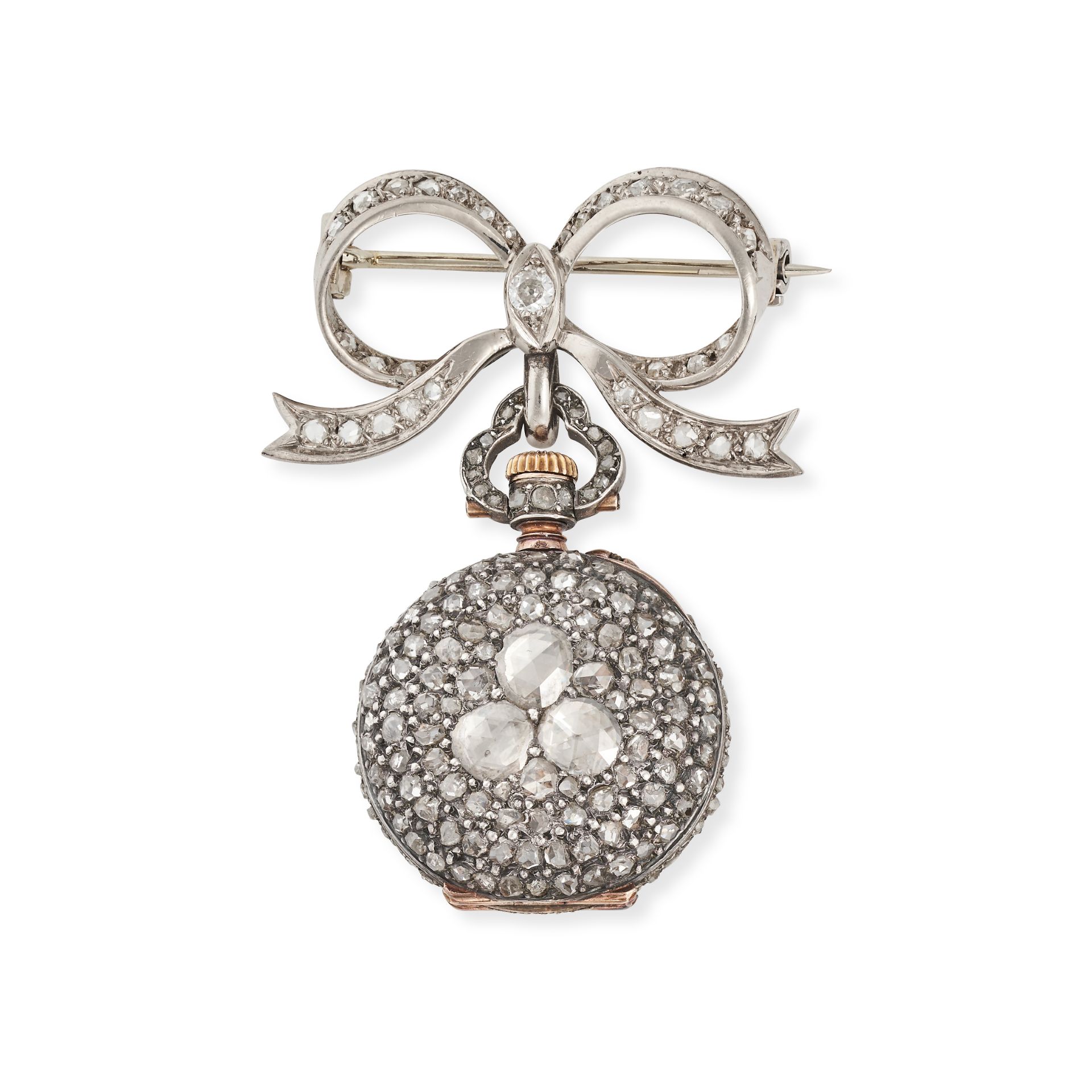 AN ANTIQUE DIAMOND POCKET WATCH BROOCH in yellow gold and silver, designed as a bow set with rose... - Image 2 of 2