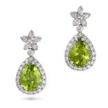 A PAIR OF PERIDOT AND DIAMOND DROP EARRINGS in white gold, each set with a cluster of round brill...