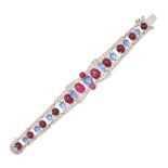 A BURMA NO HEAT RUBY, MOONSTONE AND DIAMOND BRACELET in 18ct yellow and white gold, set with a ro...