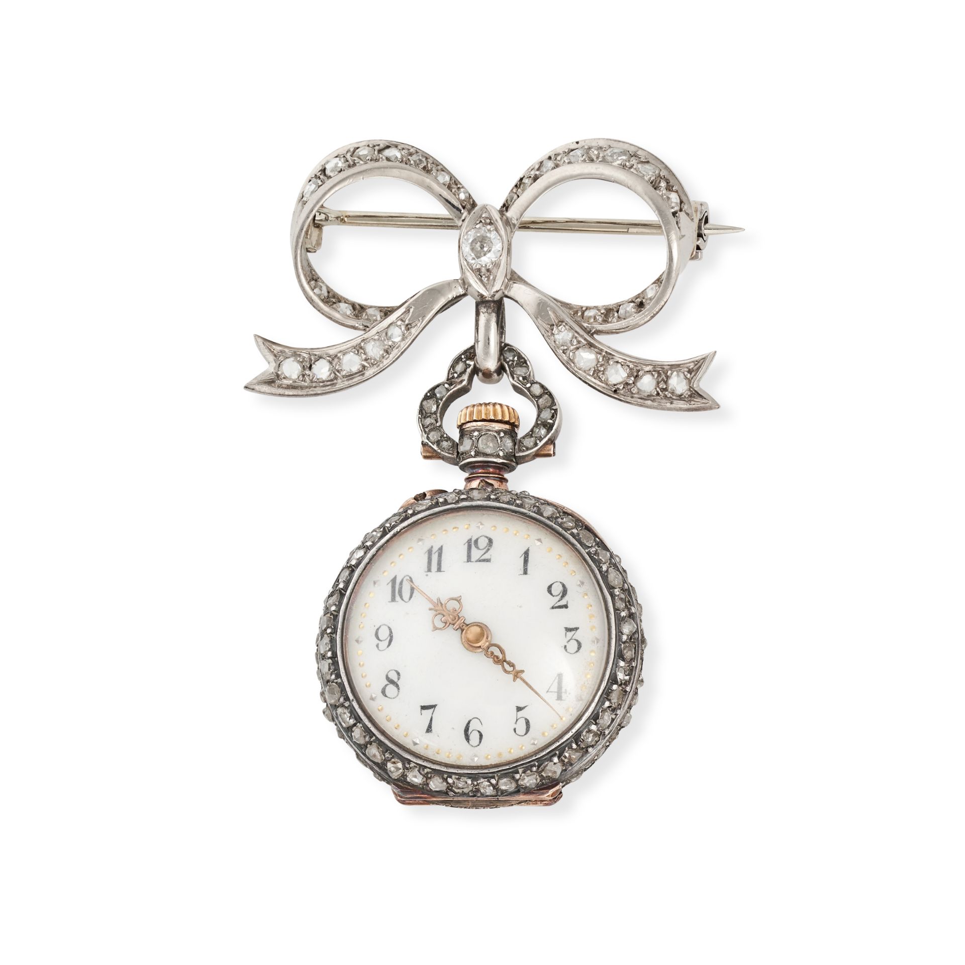 AN ANTIQUE DIAMOND POCKET WATCH BROOCH in yellow gold and silver, designed as a bow set with rose...