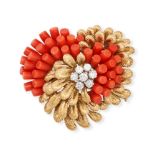 CARTIER, A VINTAGE CORAL AND DIAMOND BROOCH in 18ct yellow gold, designed as a stylised heart, se...