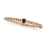 AN ANTIQUE SAPPHIRE AND PEARL BANGLE in yellow gold, the hinged bangle set with an oval cut sapph...