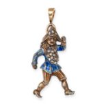 AN ANTIQUE DIAMOND AND ENAMEL SOLDIER CHARM / PENDANT in silver and yellow gold, designed as a so...