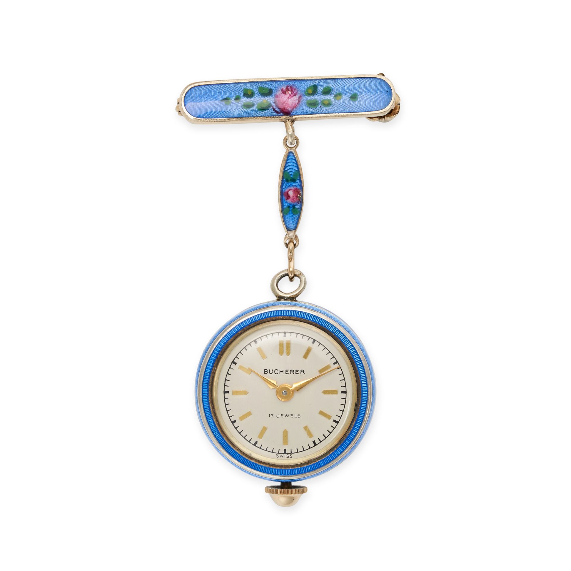 BUCHERER, AN ANTIQUE ENAMEL POCKET WATCH, CHAIN AND BROOCH in gold plated silver, the circular di... - Image 2 of 2
