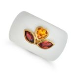 A PINK TOURMALINE AND CITRINE DRESS RING set with a heart shaped citrine accented by two marquise...