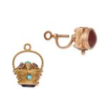 A PAIR OF ANTIQUE CHARMS in yellow gold, set with an oval polished carnelian, no assay marks, 2.7...