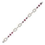 A RUBY AND DIAMOND BRACELET in 18ct white gold, in geometric design, set with round brilliant cut...