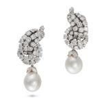 A PAIR OF PEARL AND DIAMOND DROP EARRINGS in white gold, each comprising a scrolling cluster of r...